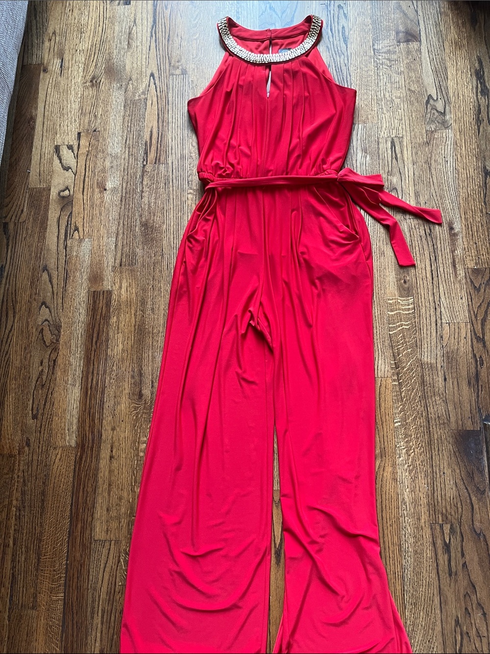 Vince Camuto Bright Red Halter Jumpsuit with Beaded Neckline